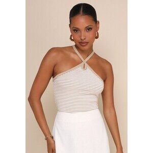 Lulus Delightful Pose Beige Striped Ribbed Knit Keyhole Halter Top - Size M